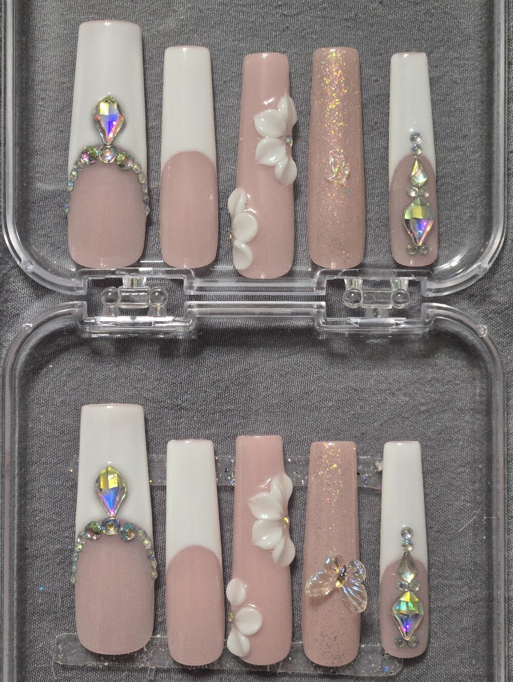 Blush Pink & White Swarovski-Inspired Press-On Nails, XX Long